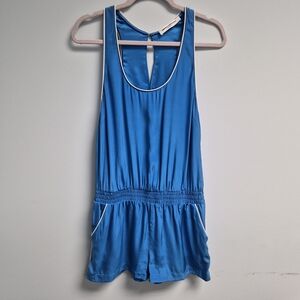 Amanda Uprichard Vibrant Blue Silk Tank Romper with White Trim